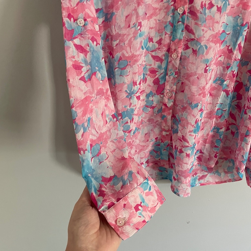 KUT from the Kloth Blouse Womens XL Pink Blue Floral Roll Tab Sleeve Boho Top - Picture 9 of 9